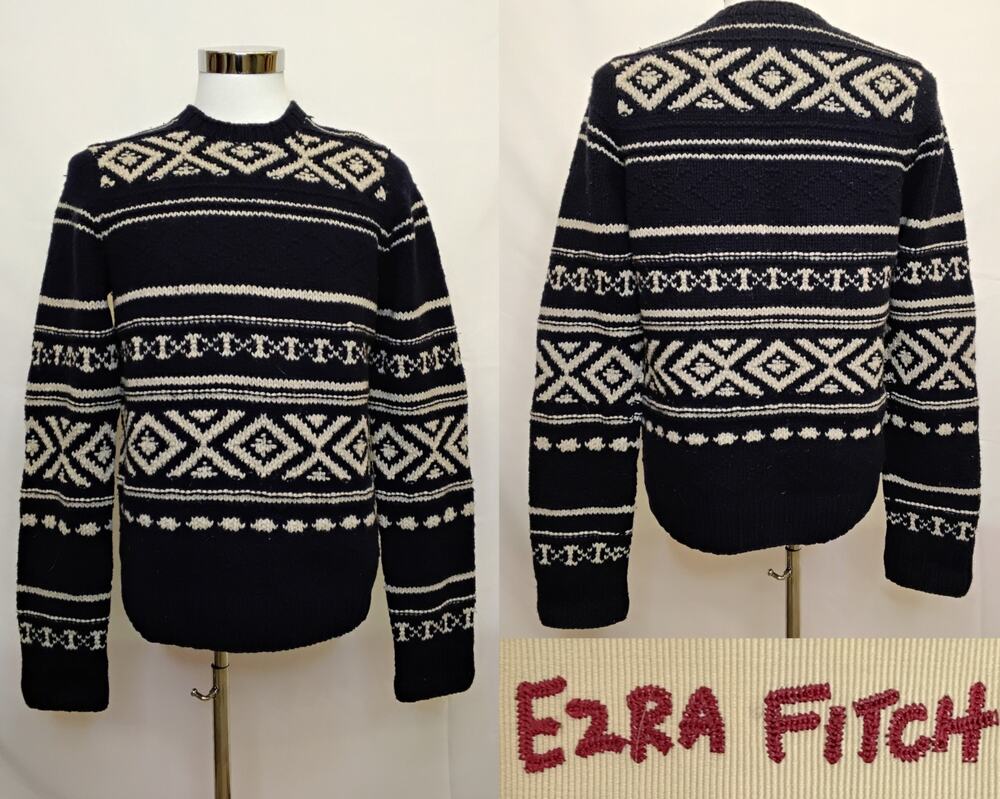 Ezra Fitch Sweater Men's M 100% Lamb Wool Hand Knit Blue Fair Isle #Z5004